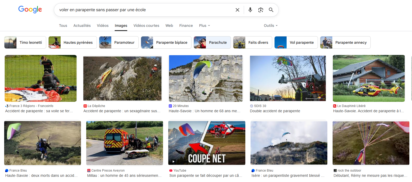 Recherche google d'accident de parapente