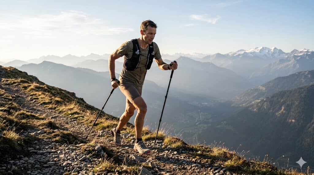 Traileur utilisant des bâtons en montée sur un sentier de montagne avec vue dégagée sur les sommets