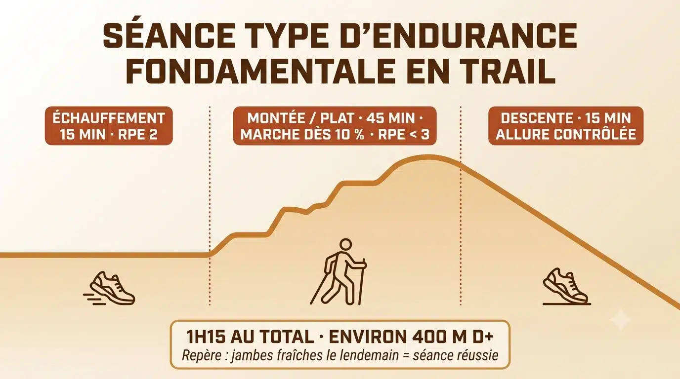 Infographie de la structure d'une séance d'endurance fondamentale en trail avec dénivelé : échauffement, montée-plat, descente