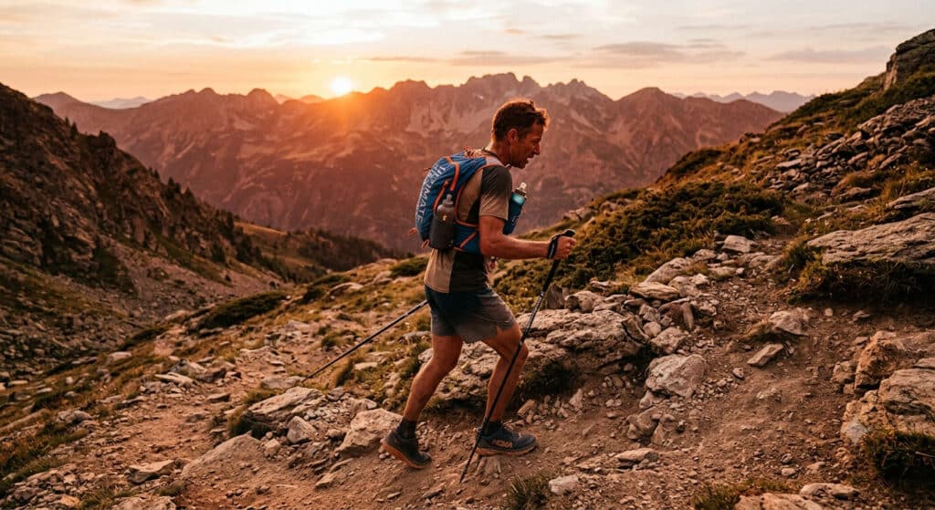 Traileur sur sentier au soleil couchant lors d'un week-end choc