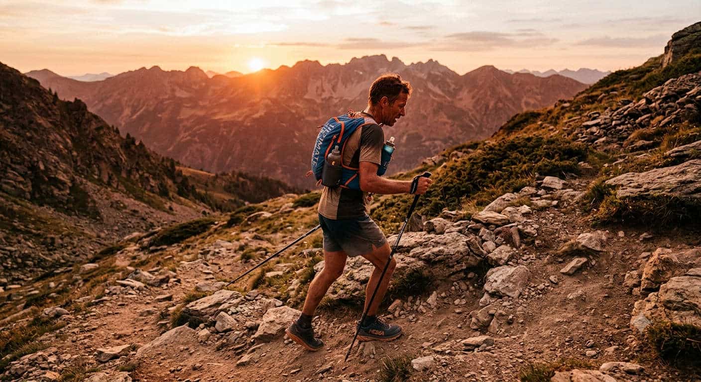 Traileur sur sentier au soleil couchant lors d'un week-end choc
