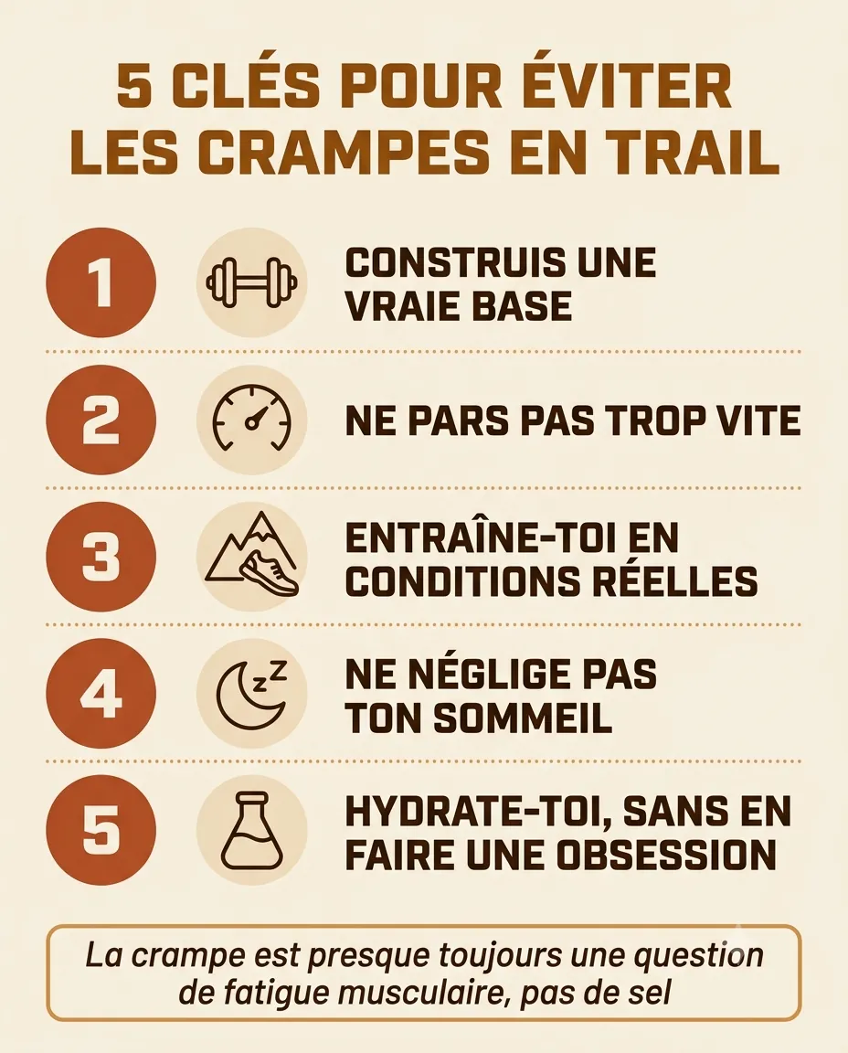 Infographie des 5 clés pour éviter les crampes en trail