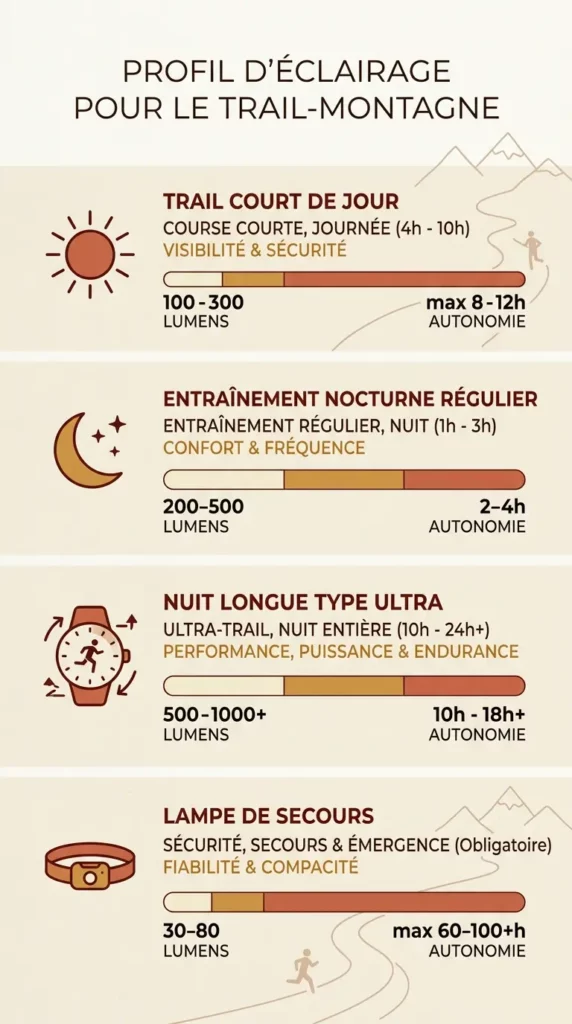 Eclairage trail montagne Infographie épurée au format portrait, 4 lignes horizontales représentant 4 profils de course (trail court de jour, entraînement nocturne régulier, nuit longue type ultra, lampe de secours), chaque ligne associée à une icône simple (soleil, lune, montre/chrono, lampe de secours) et une jauge visuelle de lumens/autonomie.