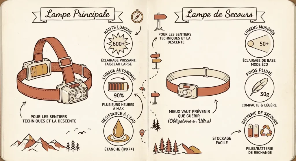 Lampe principale vs lampe de secours Fiche comparative visuelle en deux colonnes, style carnet de terrain illustré, opposant deux lampes frontales schématisées (silhouettes simples, pas de rendu produit réaliste ni de marque visible) : à gauche « lampe principale » avec pictogrammes lumens élevés + longue autonomie + goutte d'eau (étanchéité), à droite « lampe de secours » avec pictogrammes lumens modérés + légèreté + batterie de réserve.