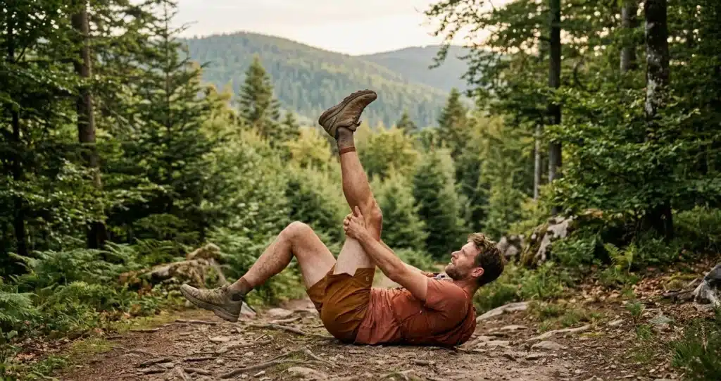 Traileur qui étire son mollet sur un sentier de montagne après une crampe