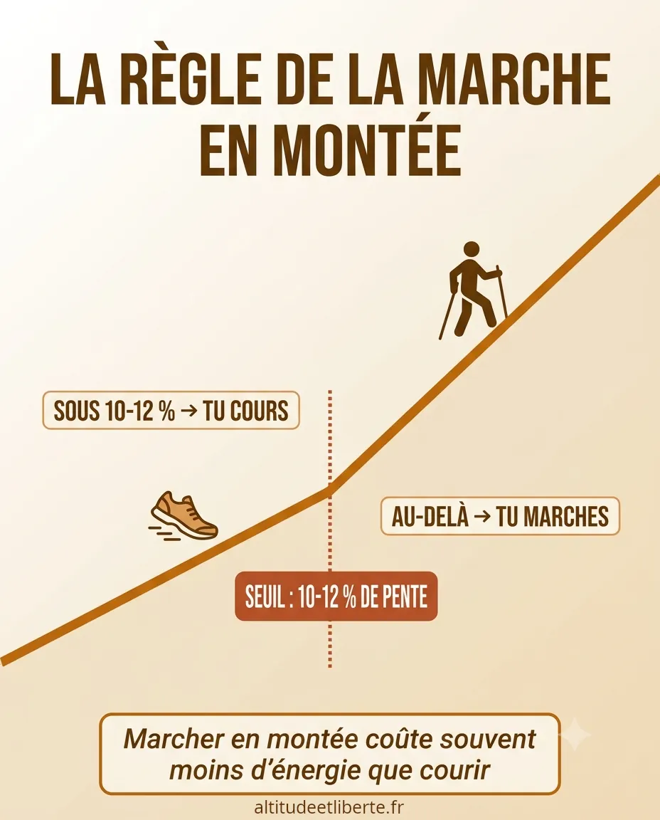 Schéma de la règle de la marche en montée en trail selon la pente : courir sous 10-12 %, marcher au-delà