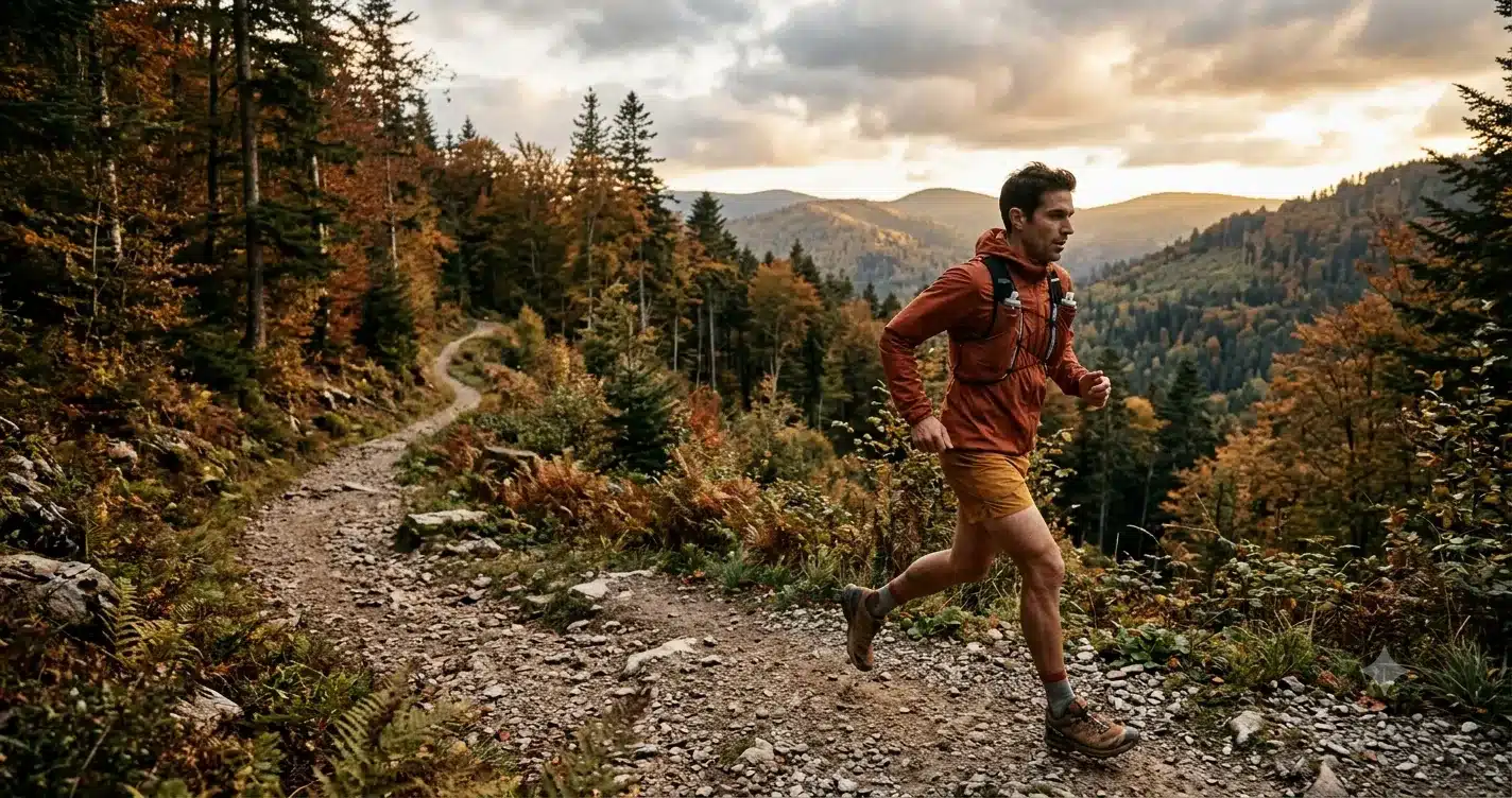 Traileur concentré sur un sentier de montagne, moment de préparation mentale