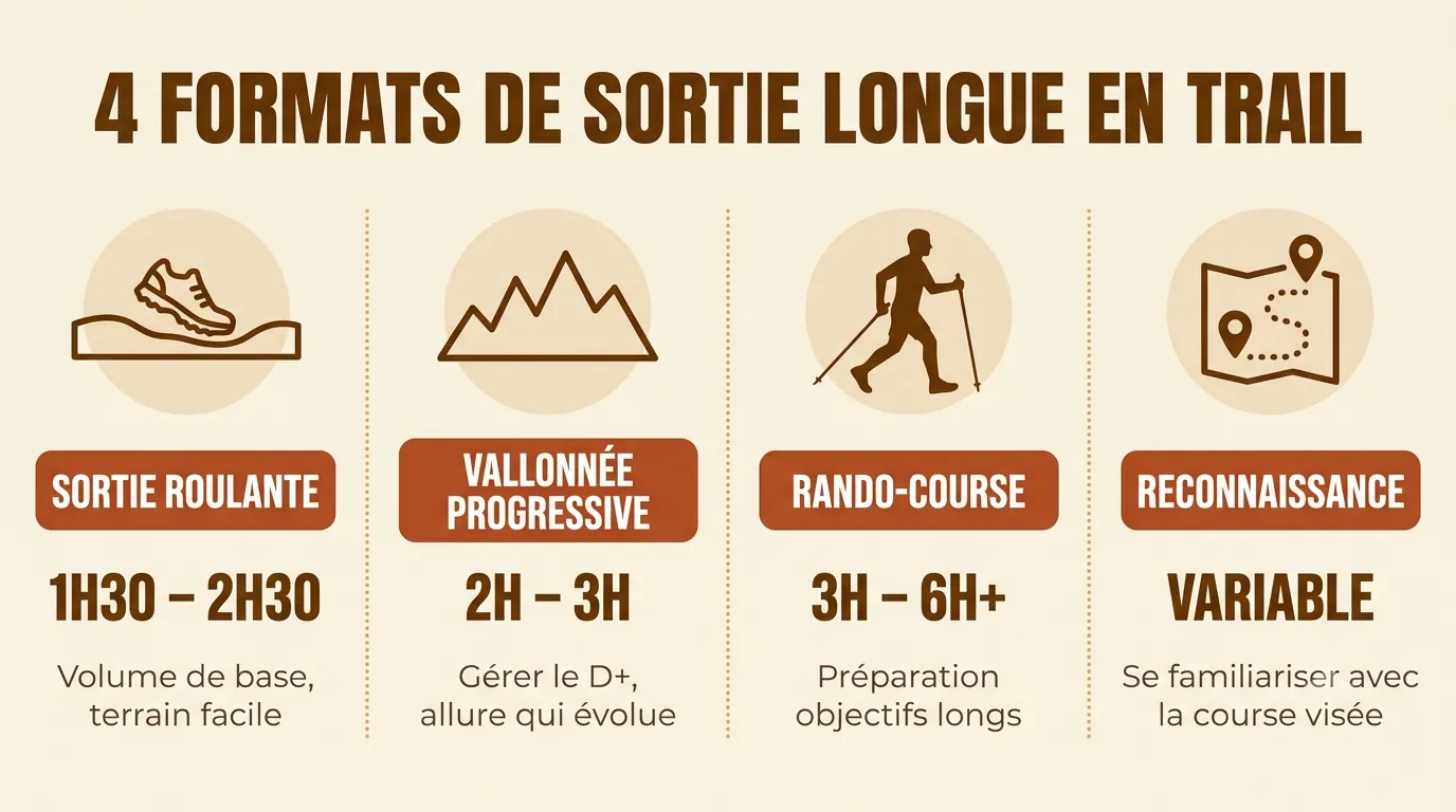 Tableau comparatif des formats de sortie longue en trail : roulante, vallonnée progressive, rando-course, reconnaissance de parcours