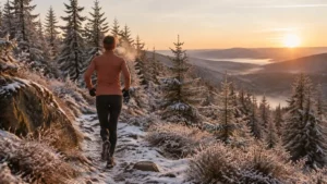 Traileur courant en hiver sur un sentier givré des Vosges au lever du soleil
