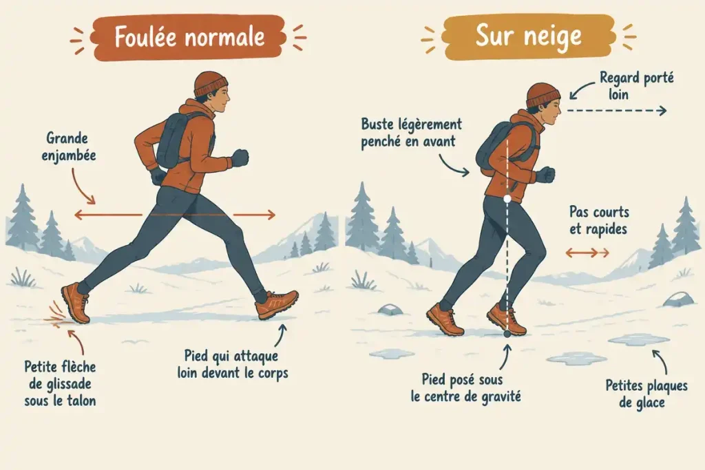 Schéma de la foulée à adopter pour courir sur neige et verglas en trail