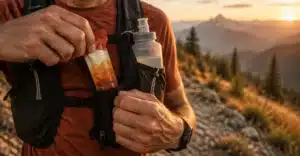 Traileur prenant un gel dans la poche de son gilet pendant une course en montagne