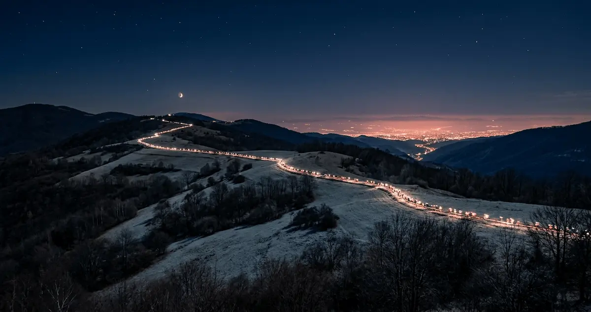 Ruban de lampes frontales serpentant de nuit sur les crêtes des Monts du Lyonnais pendant la SaintéLyon