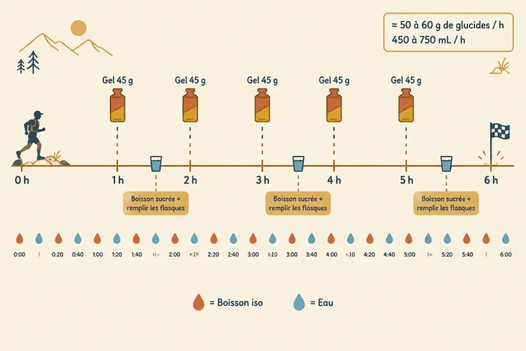 Plan nutrition pour un trail de 6 heures : un gel par heure et de la boisson toutes les 20 minutes