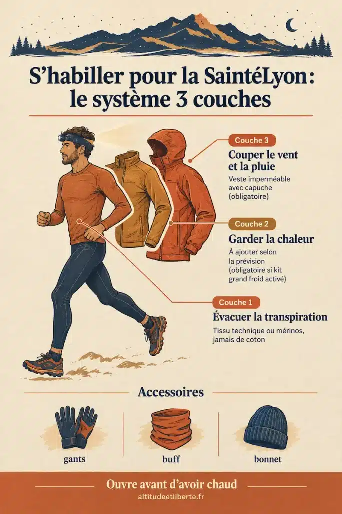 Schéma du système trois couches pour s'habiller sur la SaintéLyon, avec gants, buff et bonnet