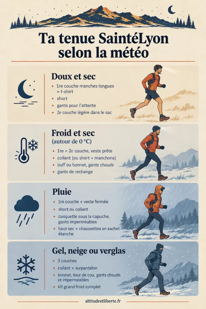 Tenue conseillée pour la SaintéLyon selon quatre scénarios météo : doux, froid sec, pluie et gel
