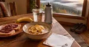 Petit-déjeuner d'avant course avec flocons d'avoine, banane et tartines, à côté d'un dossard de trail