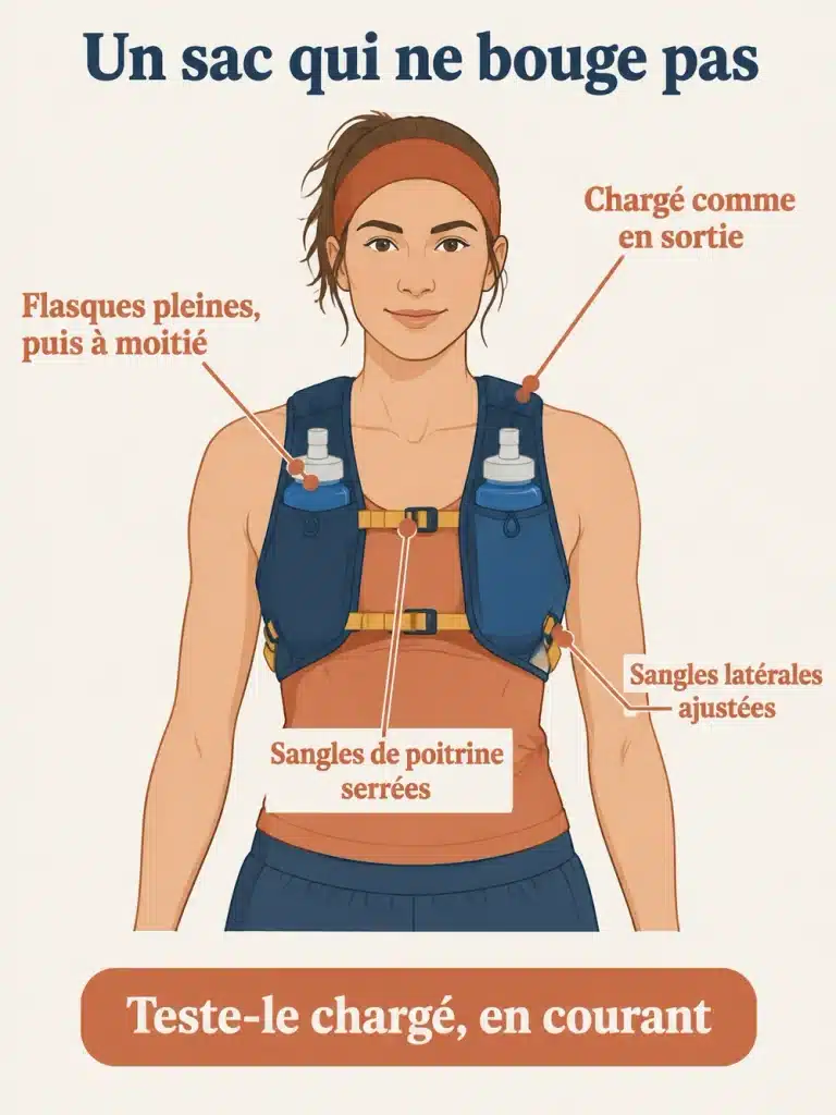 Schéma des réglages d'un sac d'hydratation de trail pour éviter qu'il bouge