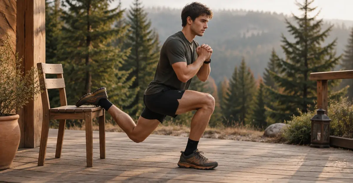Traileur faisant un squat bulgare sans matériel, pied arrière sur une chaise
