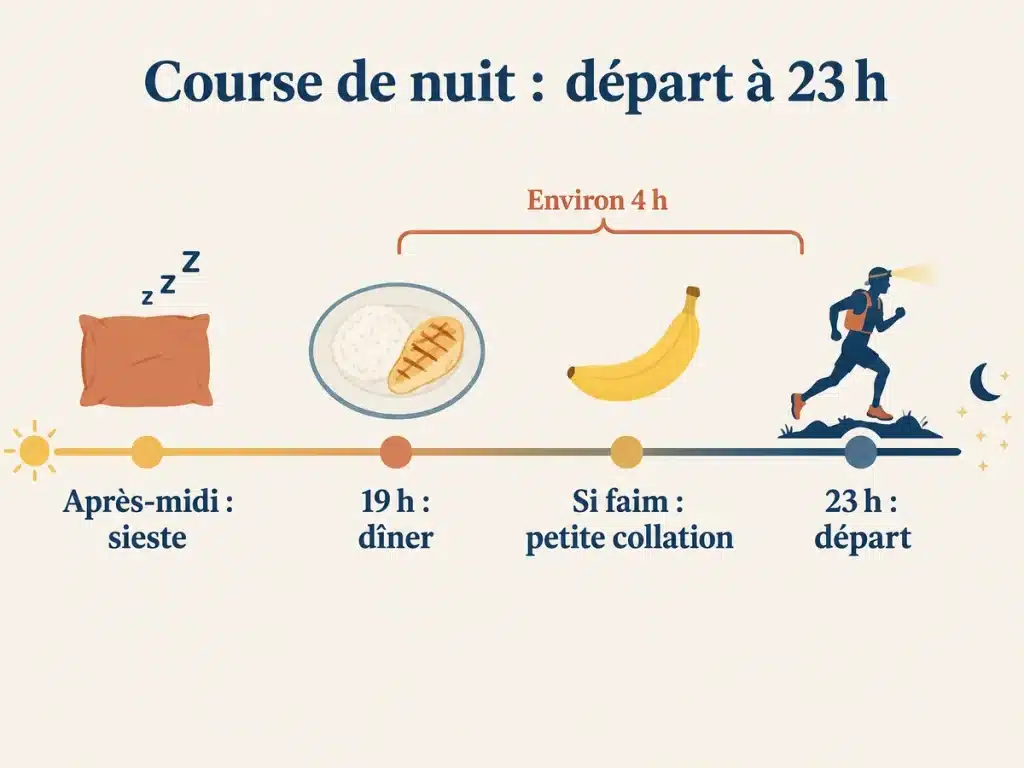 Ligne de temps des repas avant une course de nuit avec départ à 23 h