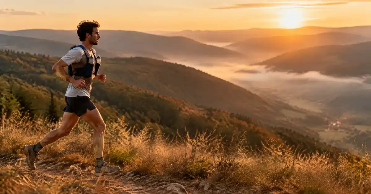 Traileur sur un sentier de crête avec un sac d'hydratation de trail ajusté et deux flasques à l'avant